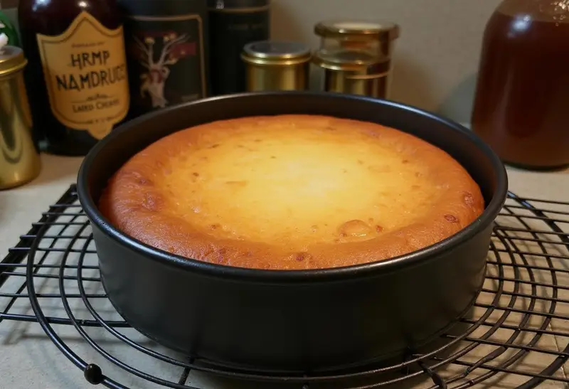Cooling Harry Potter Chocolate Bottom Butterbeer Cheesecake with a chocolate crust in a whimsical baking environment.