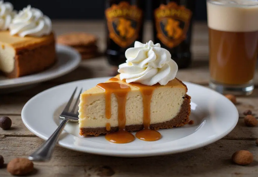 Serving a slice of Harry Potter Chocolate Chip Cookie Bottom Butterbeer Cheesecake with butterscotch sauce and whipped cream, perfect for dessert.