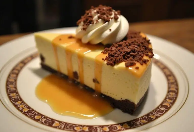 Final presentation of Harry Potter Chocolate Chip Cookie Bottom Butterbeer Cheesecake, showcasing its delicious layered dessert appeal.
