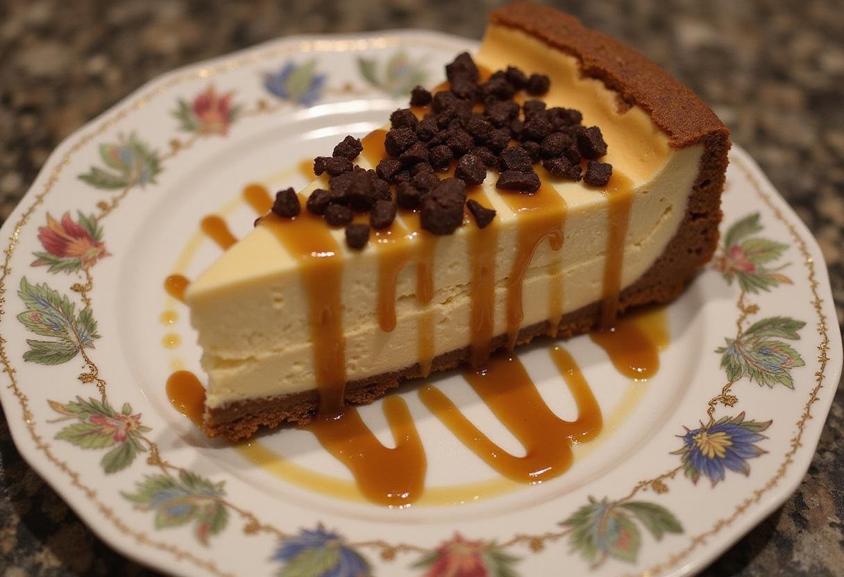 Final presentation of Harry Potter Chocolate Chip Cookie Bottom Butterbeer Cheesecake, showcasing its delicious layered dessert appeal.