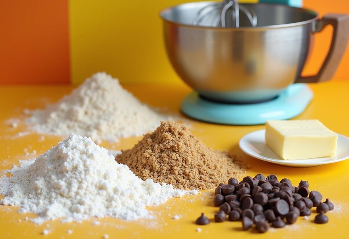 Ingredients for Harry Potter Chocolate Chip Cookie Bottom Butterbeer Cheesecake, including chocolate chips, flour, and butter displayed on a countertop.