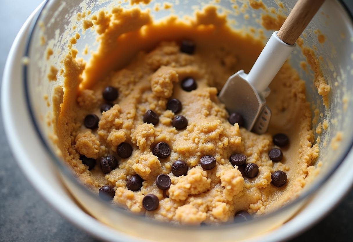 Blended chocolate chip cookie dough for Harry Potter Chocolate Chip Cookie Bottom Butterbeer Cheesecake, ready to be baked.
