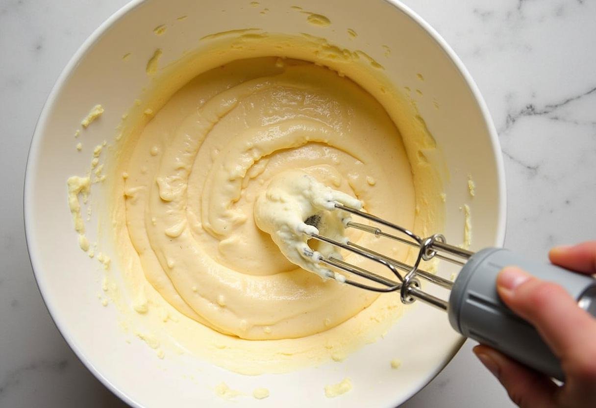 Creamy filling mixture for Harry Potter Chocolate Chip Cookie Bottom Butterbeer Cheesecake, ready for pouring over the cookie base.