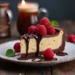 Featuring a slice of Harry Potter Chocolate Raspberry Butterbeer Cheesecake garnished with raspberries and chocolate sauce, creating a magical dessert presentation.