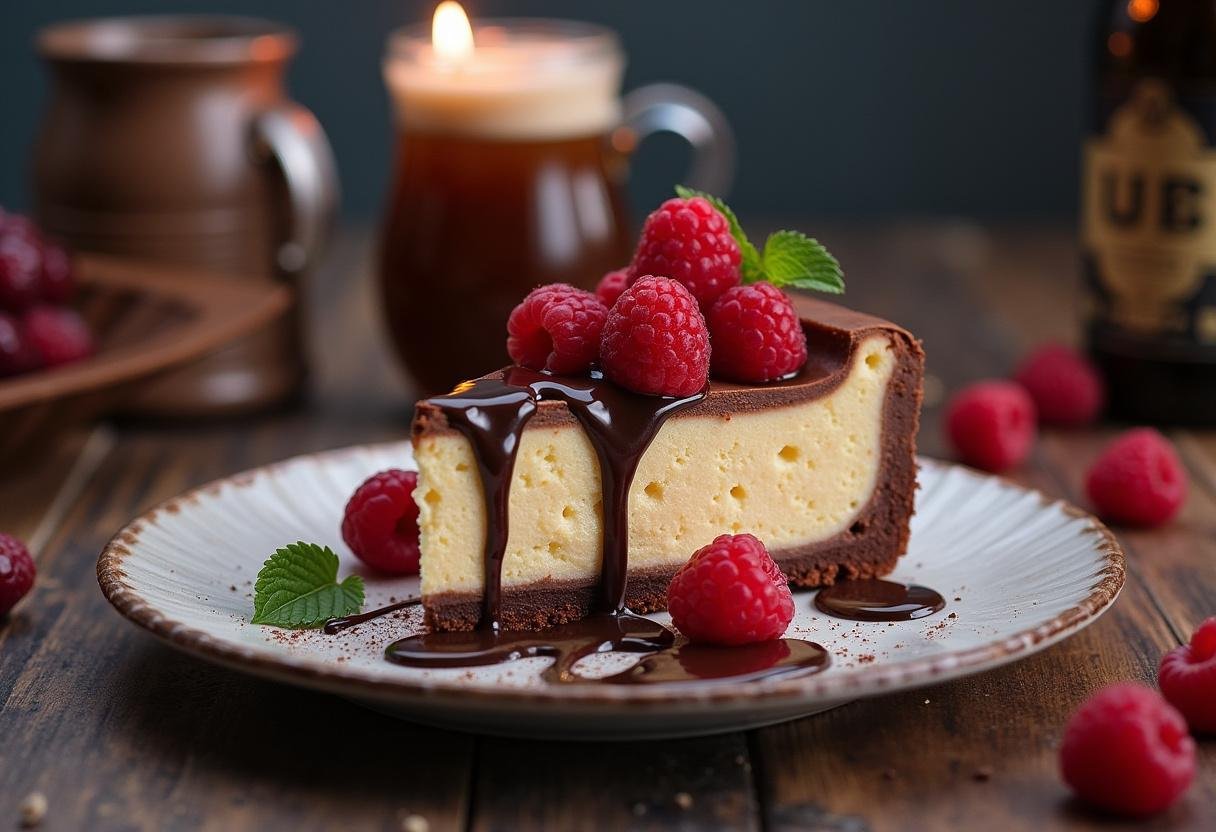 Featuring a slice of Harry Potter Chocolate Raspberry Butterbeer Cheesecake garnished with raspberries and chocolate sauce, creating a magical dessert presentation.