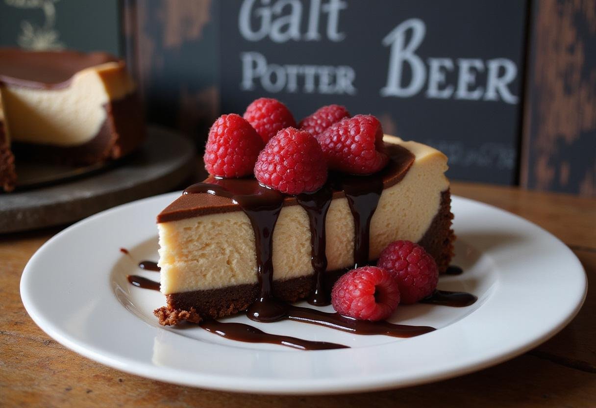 Featuring a slice of Harry Potter Chocolate Raspberry Butterbeer Cheesecake garnished with raspberries and chocolate sauce, creating a magical dessert presentation.