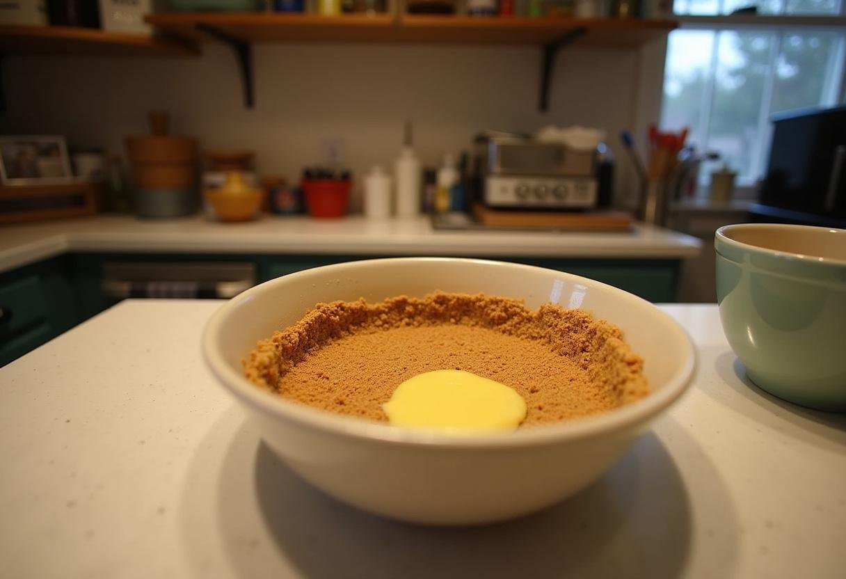 Making crust for Harry Potter Chocolate Raspberry Butterbeer Cheesecake with crushed graham crackers and melted butter in a cozy kitchen.