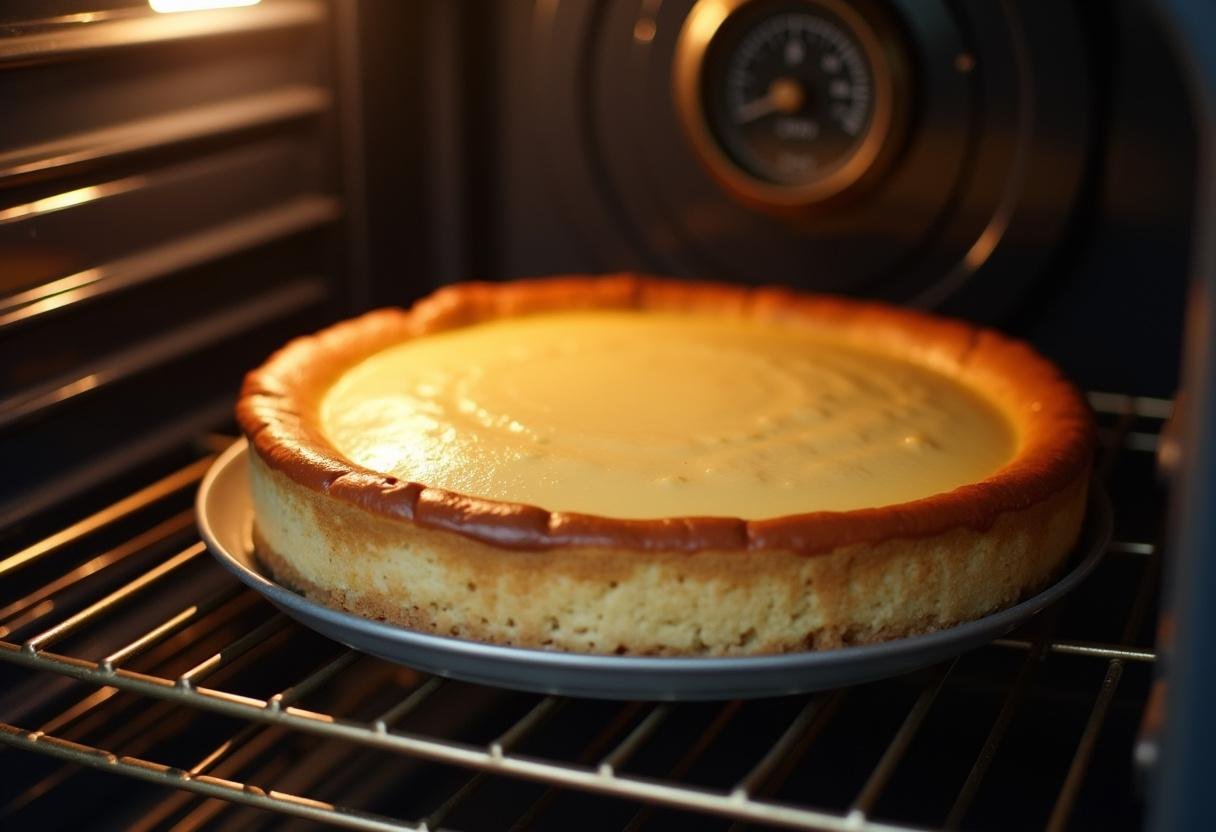 Placing the cheesecake in the oven for Harry Potter Chocolate Raspberry Butterbeer Cheesecake, highlighting the creamy texture and the baking environment.