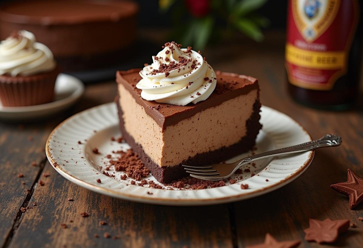 Delicious slice of Harry Potter Double Chocolate Butterbeer Cheesecake ready to serve, a magical dessert for fans.