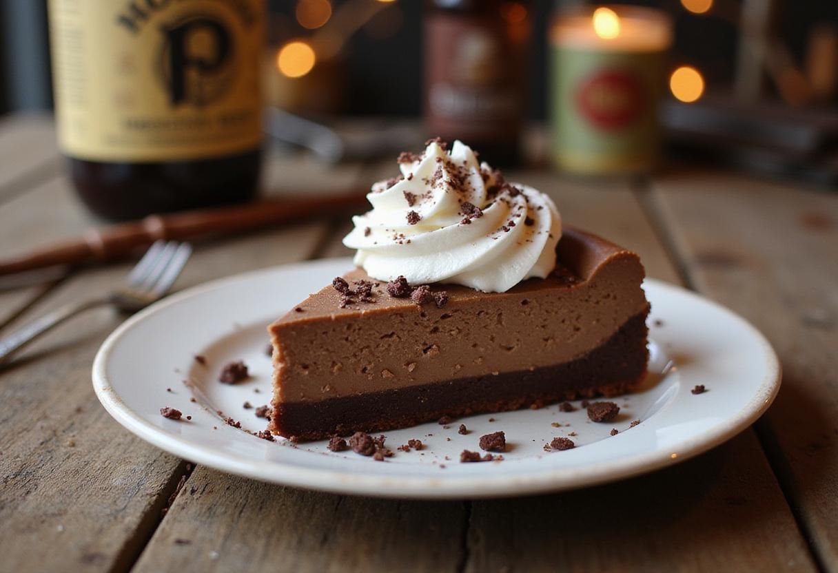Delicious slice of Harry Potter Double Chocolate Butterbeer Cheesecake ready to serve, a magical dessert for fans.