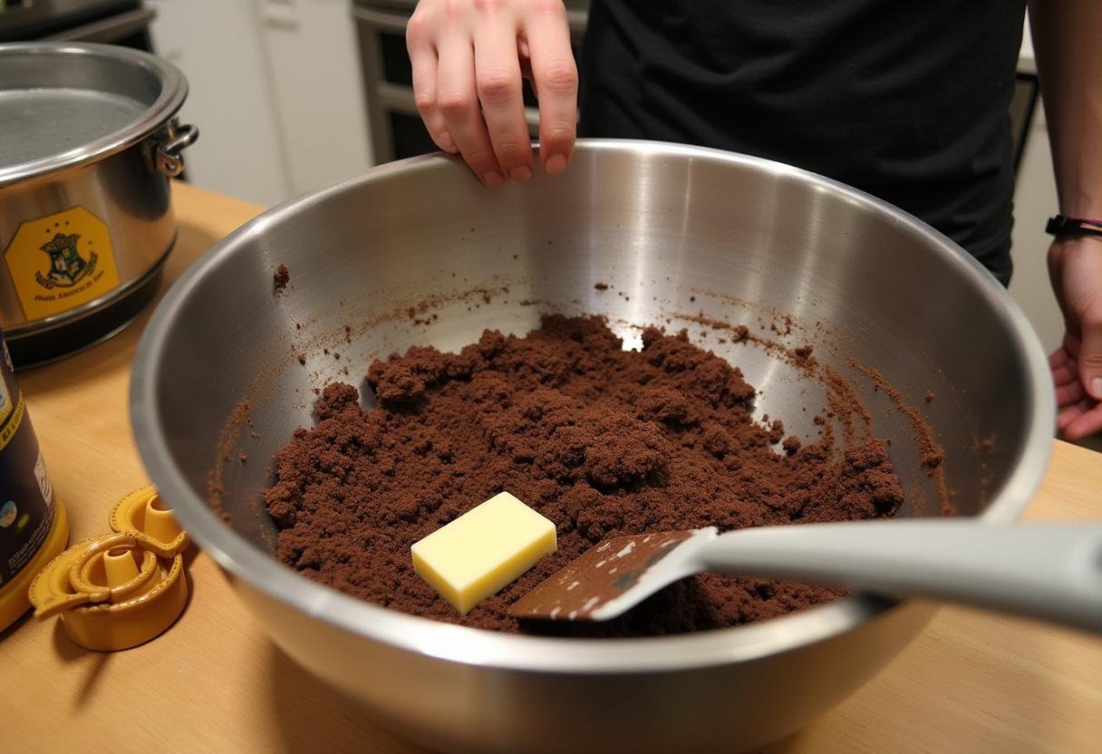 Crushed chocolate cookies and melted butter mixed in a bowl for Harry Potter Double Chocolate Butterbeer Cheesecake preparation.