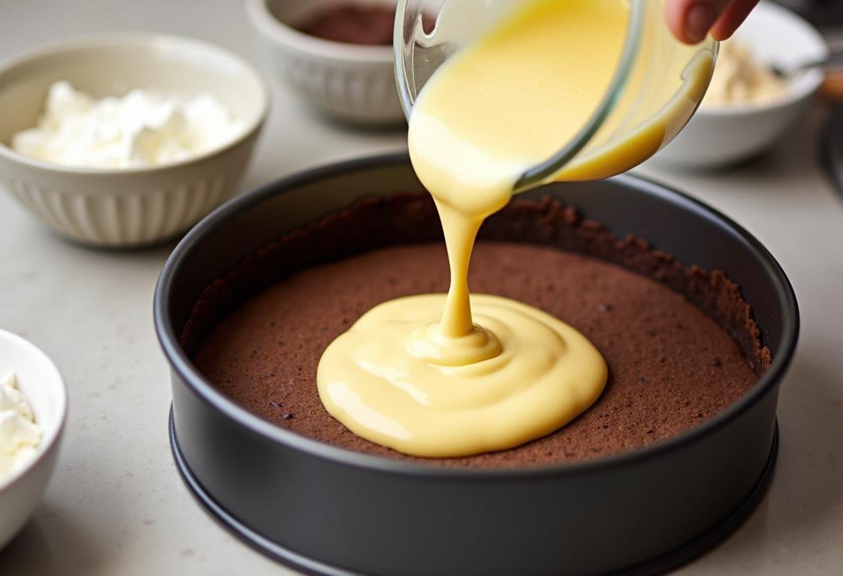 Pouring cheesecake mixture into a chocolate cookie crust for Harry Potter Double Chocolate Butterbeer Cheesecake.
