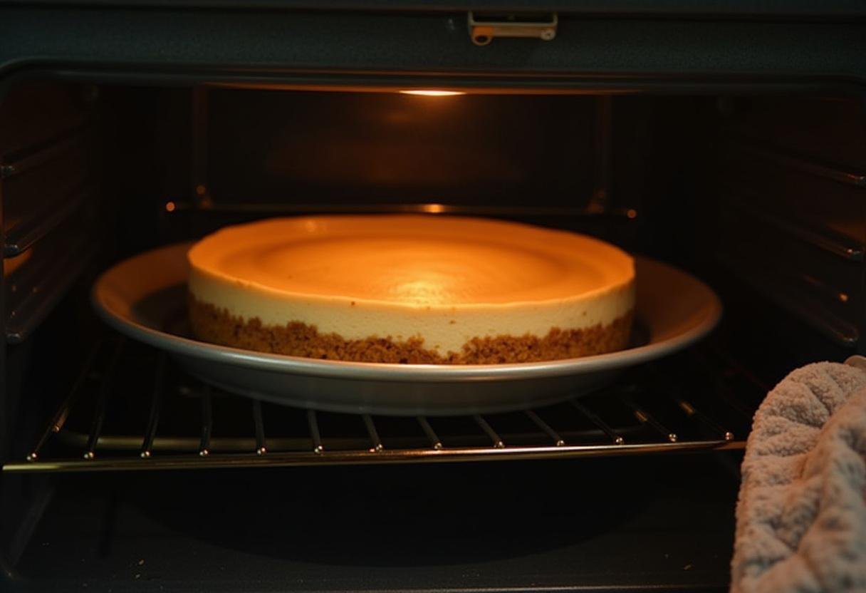Harry Potter Double Chocolate Butterbeer Cheesecake baking in the oven, golden brown and delicious in progress.