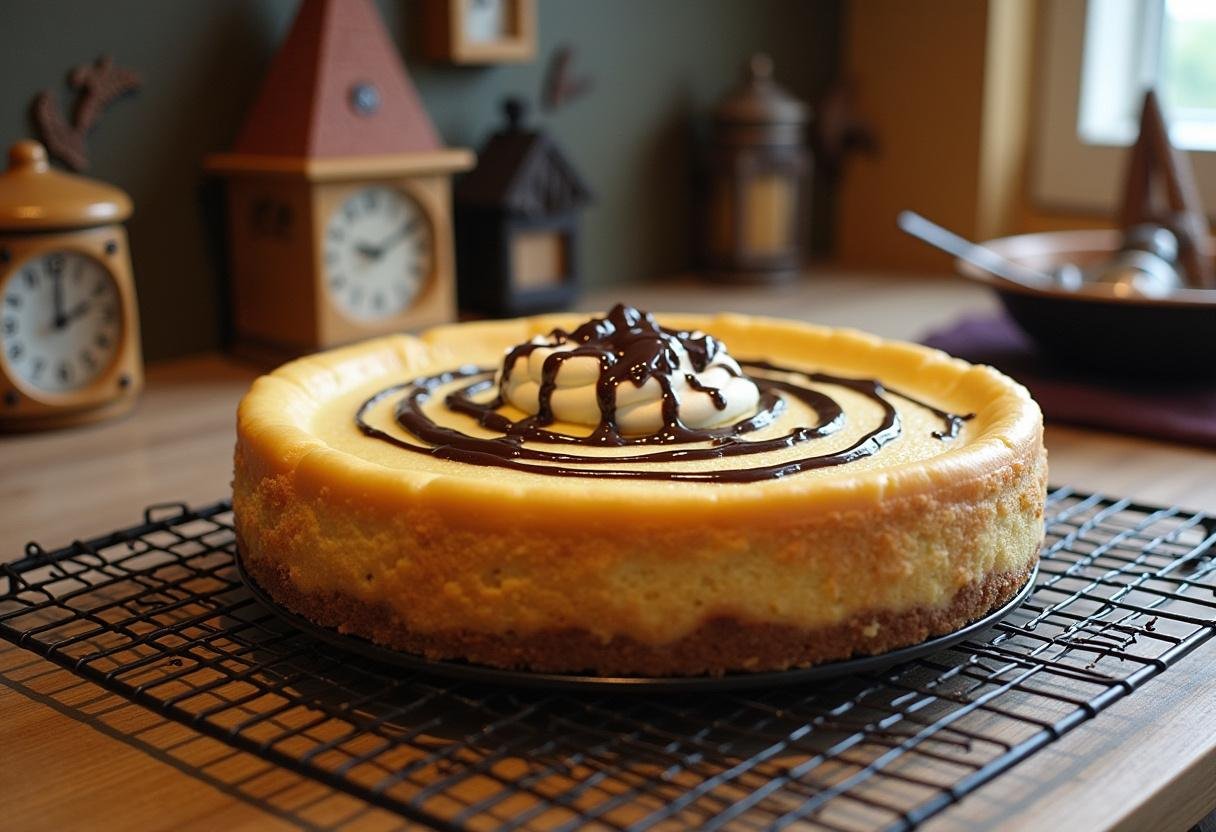 Cooling Harry Potter Double Chocolate Butterbeer Cheesecake drizzled with chocolate sauce, showcasing the final touches.