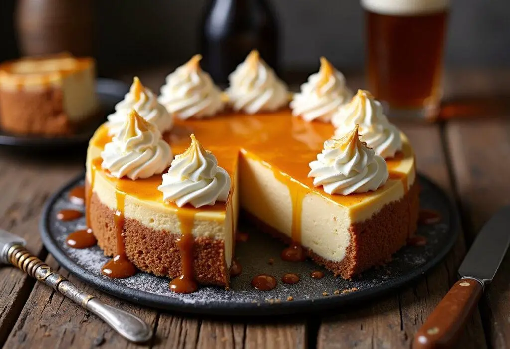 Delicious Harry Potter Rich Butterbeer Cheesecake with whipped cream and butterscotch drizzle, ready to enjoy.