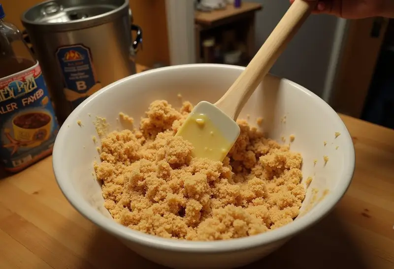 Making crust for Harry Potter Rich Butterbeer Cheesecake with crushed graham crackers and melted butter.