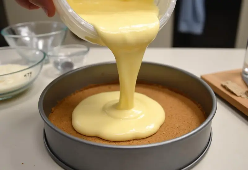 Pouring cheesecake batter into the crust for Harry Potter Rich Butterbeer Cheesecake.