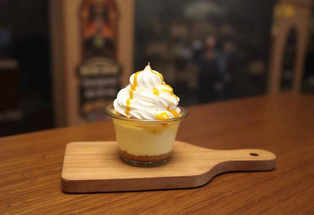 Delicious Harry Potter Single-Serve Butterbeer Cheesecake Cups ready to enjoy, featuring whipped cream and butterscotch.