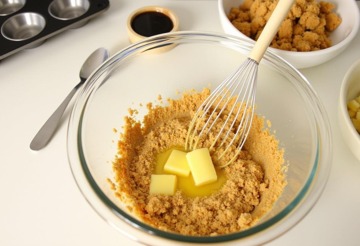 Making the crust for Harry Potter Single-Serve Butterbeer Cheesecake Cups with crushed graham crackers and melted butter.