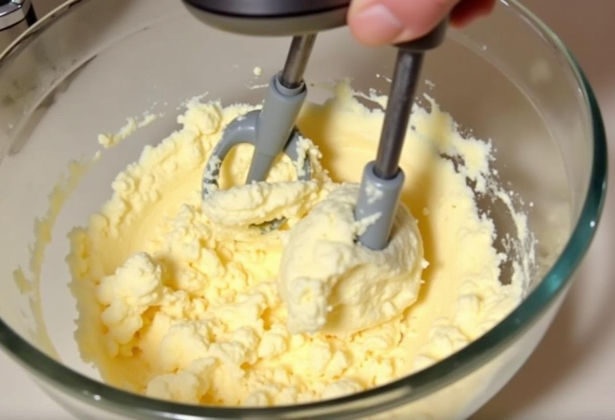 Creamy filling preparation for Harry Potter Single-Serve Butterbeer Cheesecake Cups using cream cheese, sugar, and vanilla.