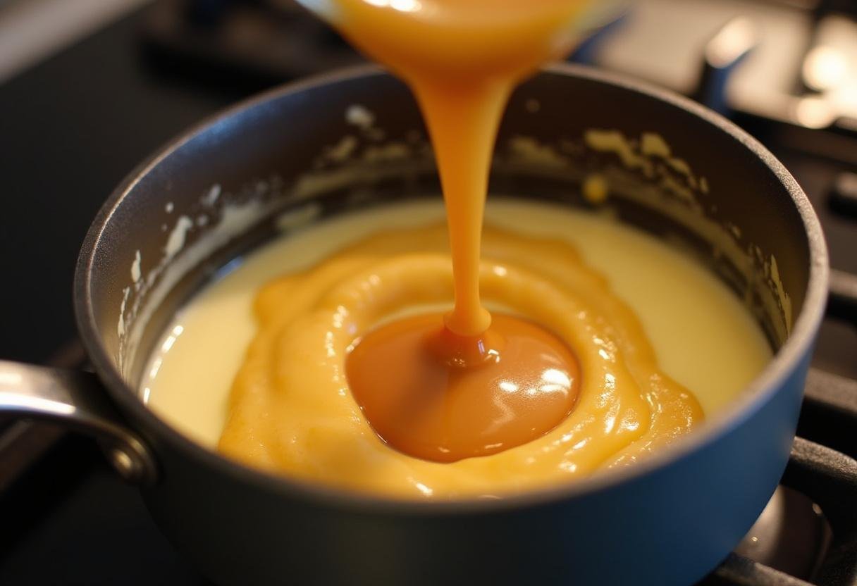 Adding butterscotch sauce to the cheesecake mixture for Harry Potter Single-Serve Butterbeer Cheesecake Cups.