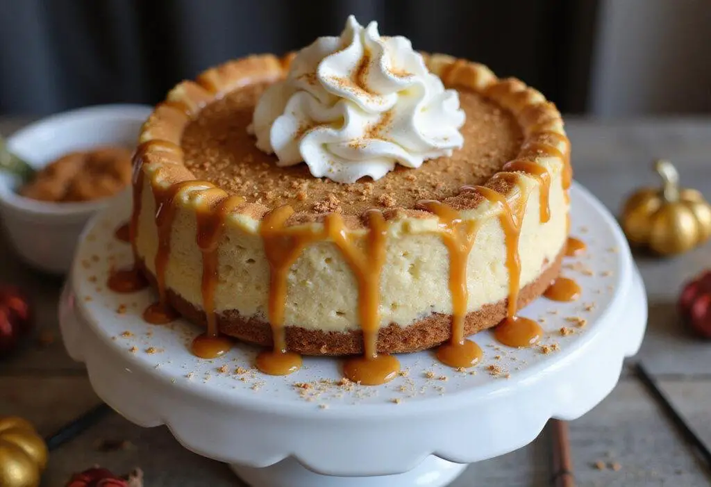 Final presentation of Harry Potter Waffle Cone Crust Butterbeer Cheesecake with caramel drizzle and whipped cream decorations.