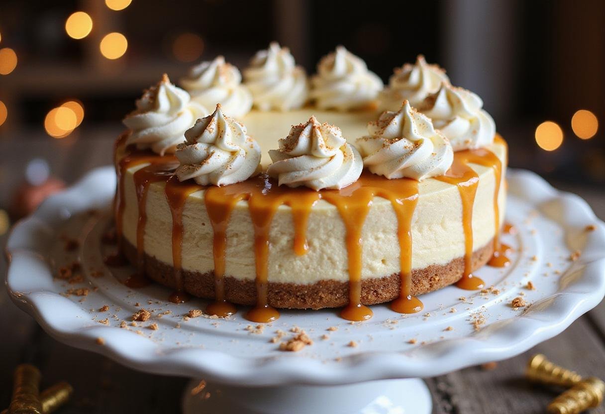 Final presentation of Harry Potter Waffle Cone Crust Butterbeer Cheesecake with caramel drizzle and whipped cream decorations.