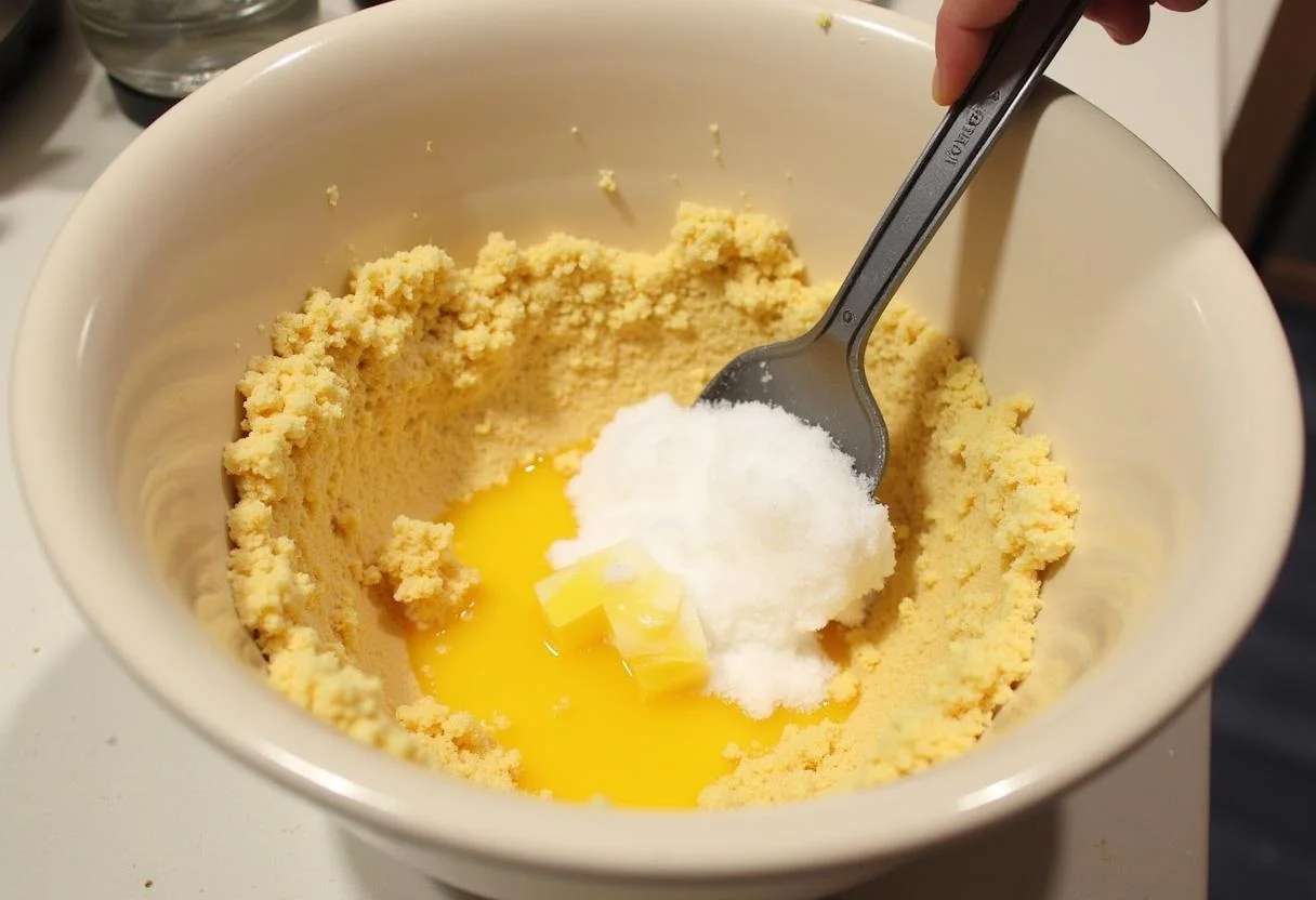 Preparing the crust for Harry Potter Waffle Cone Crust Butterbeer Cheesecake with waffle cone crumbs, butter, and sugar.