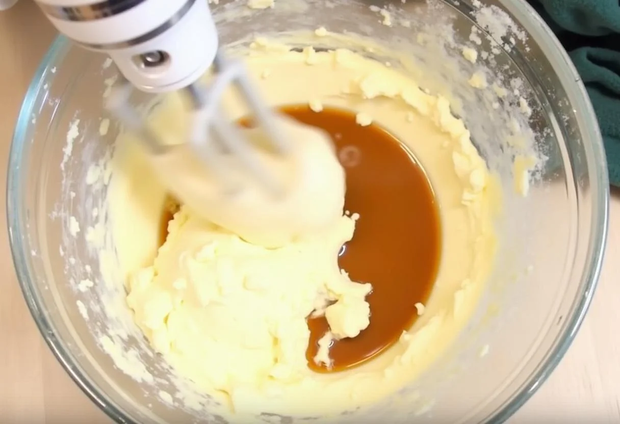 Whipping together cream cheese, caramel sauce, and sweetened condensed milk for the filling of Harry Potter Waffle Cone Crust Butterbeer Cheesecake.