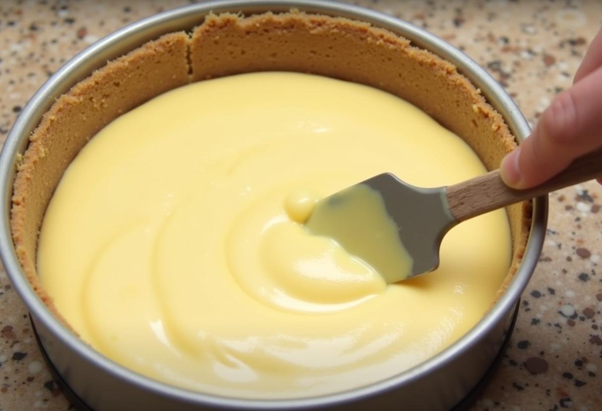 Pouring the creamy filling into the crust of Harry Potter Waffle Cone Crust Butterbeer Cheesecake, ready to chill.