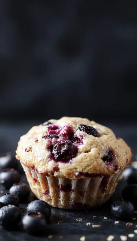 A tray of moist, fluffy healthy blueberry protein muffins garnished with fresh blueberries and sprinkled with a light glaze.