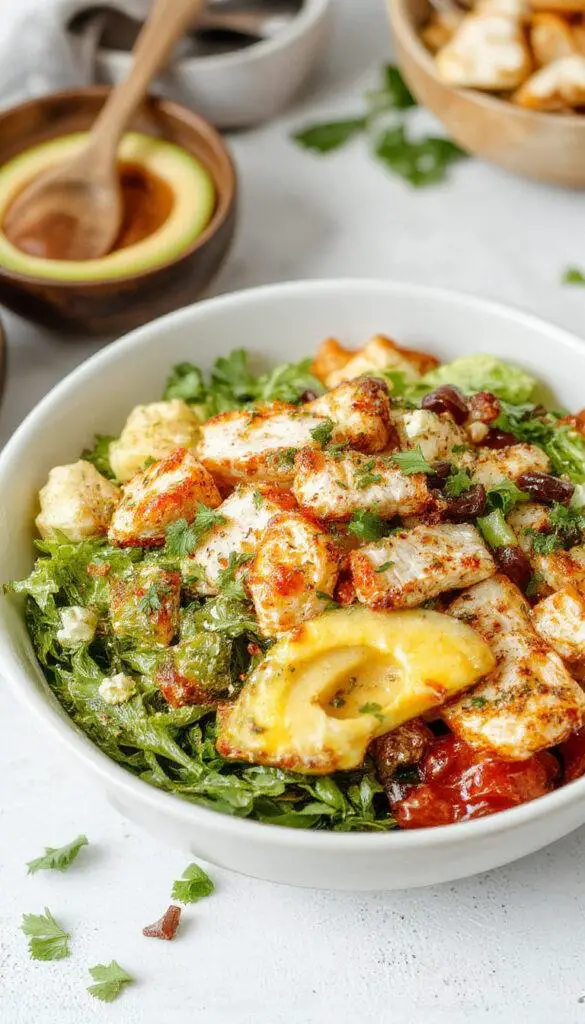 A vibrant bowl featuring sliced grilled chicken, fresh cherry tomatoes, crisp cucumber slices, red onion rings, and a creamy tzatziki sauce drizzled on top. The bowl is artfully arranged on a rustic wooden table, showcasing colorful ingredients and a sprinkle of fresh herbs for garnish.