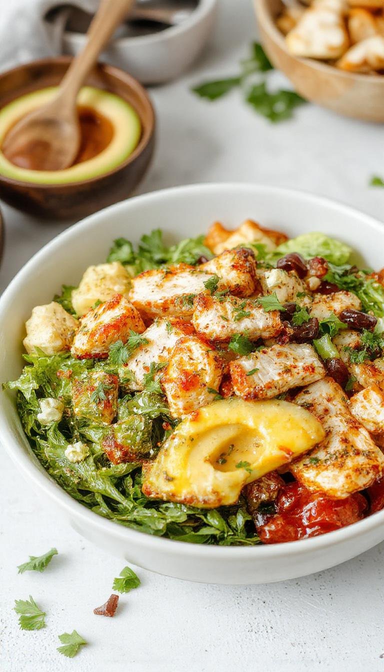 A vibrant bowl featuring sliced grilled chicken, fresh cherry tomatoes, crisp cucumber slices, red onion rings, and a creamy tzatziki sauce drizzled on top. The bowl is artfully arranged on a rustic wooden table, showcasing colorful ingredients and a sprinkle of fresh herbs for garnish.