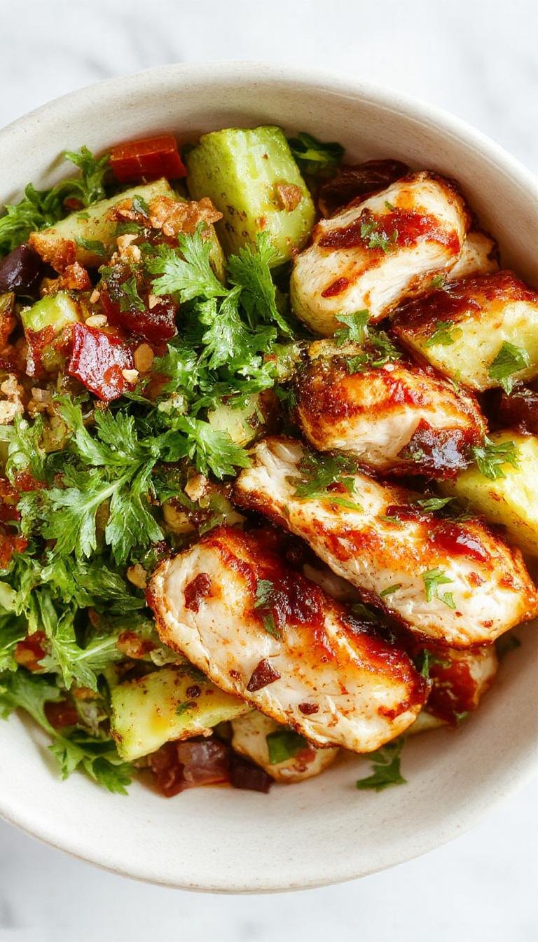 A vibrant bowl featuring slices of marinated grilled chicken shawarma arranged atop a bed of fluffy rice, garnished with fresh chopped vegetables, parsley, and a drizzle of creamy sauce. The presentation highlights the warm, seasoned chicken with charred edges, colorful vegetables, and a sprinkle of herbs, all styled for a high-quality food shoot.