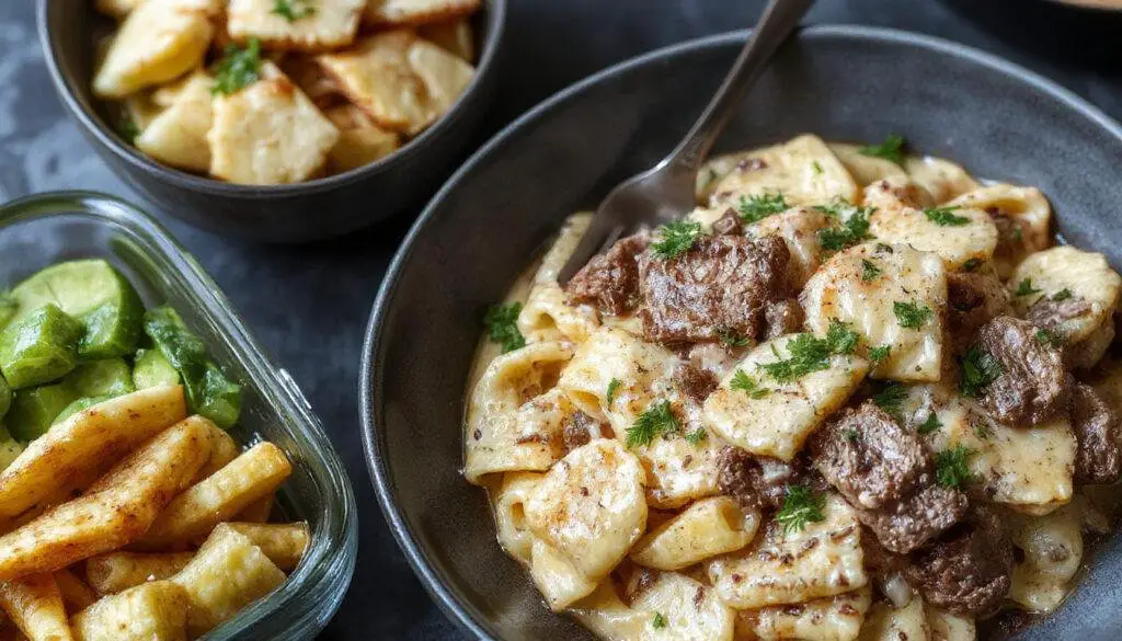 A close-up of a bowl filled with creamy high-protein beef pasta, featuring tender beef slices coated in a rich, smooth sauce, garnished with fresh herbs, and served on a rustic wooden table with a sprinkle of parmesan cheese and cherry tomatoes around.