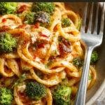 A vibrant plate of broccoli pasta featuring al dente spaghetti topped with bright green broccoli florets, grated cheese, and a drizzle of olive oil, all arranged on a sleek white plate. The dish is garnished with fresh herbs, and the background shows a rustic wooden table with scattered ingredients.