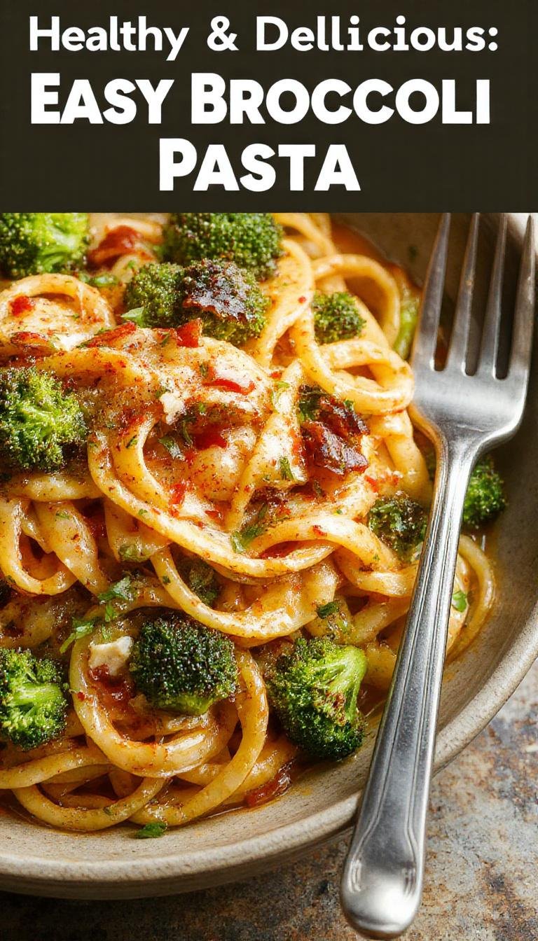 A vibrant plate of broccoli pasta featuring al dente spaghetti topped with bright green broccoli florets, grated cheese, and a drizzle of olive oil, all arranged on a sleek white plate. The dish is garnished with fresh herbs, and the background shows a rustic wooden table with scattered ingredients.