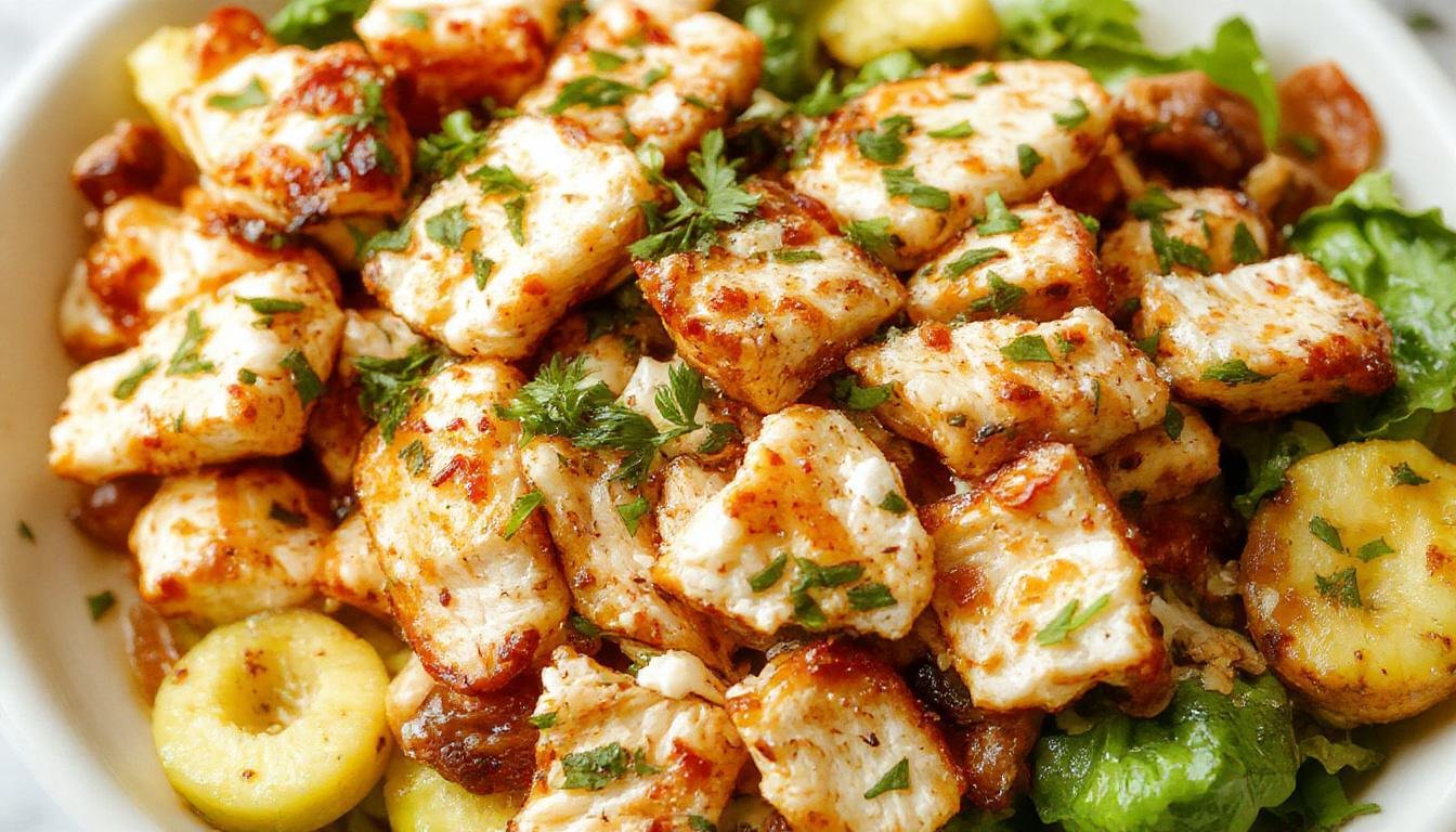 A vibrant bowl featuring sliced grilled chicken, fresh cucumber and tomato, red onion, and kalamata olives atop a bed of fluffy rice and creamy tzatziki sauce, garnished with chopped parsley and a lemon wedge. The colors are bright and inviting, with textures of tender meat, crunchy vegetables, and smooth sauce, arranged attractively on a white plate.