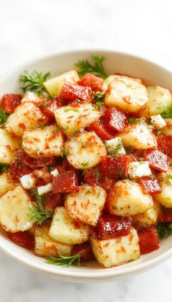 A vibrant bowl of Healthy Greek Potato Salad with diced potatoes, cherry tomatoes, cucumbers, red onions, and fresh herbs topped with feta cheese