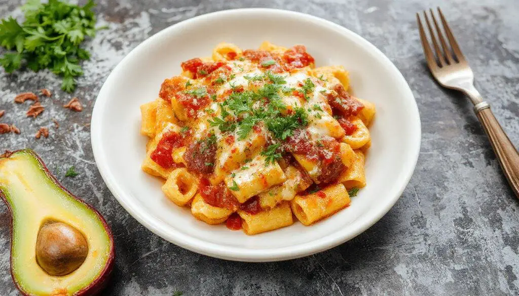 A vibrant pasta bake in a white ceramic dish featuring colorful layers of spiral pasta, seasoned vegetables, and melted cheese, topped with sliced green onions and cherry tomatoes, garnished with fresh cilantro. The dish is set on a rustic wooden table with a side of fresh salad and a fork beside it.
