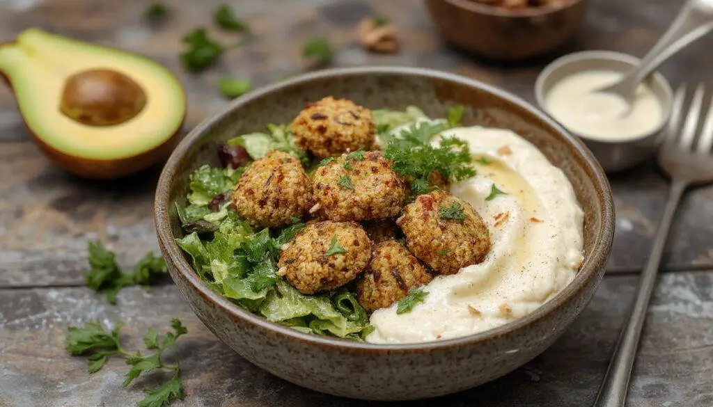 A vibrant falafel bowl featuring golden-brown falafel balls nestled atop fresh greens, cherry tomatoes, cucumber slices, and a drizzle of creamy hummus and tahini dressing. The dish is plated in a rustic bowl, with colorful vegetables contrasting against the crispy falafel and smooth sauces.