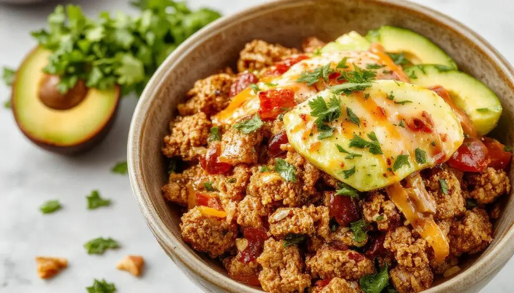 A vibrant ground turkey taco bowl featuring seasoned ground turkey topped with shredded lettuce, diced tomatoes, sliced avocado, shredded cheese, and a dollop of sour cream, all arranged in a rustic ceramic bowl with a colorful background.