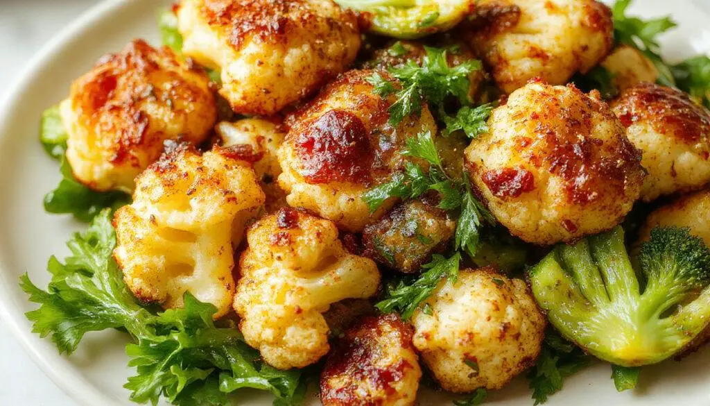 A close-up shot of crispy golden-brown cauliflower florets in an air fryer basket, garnished with fresh herbs, with a vibrant background.