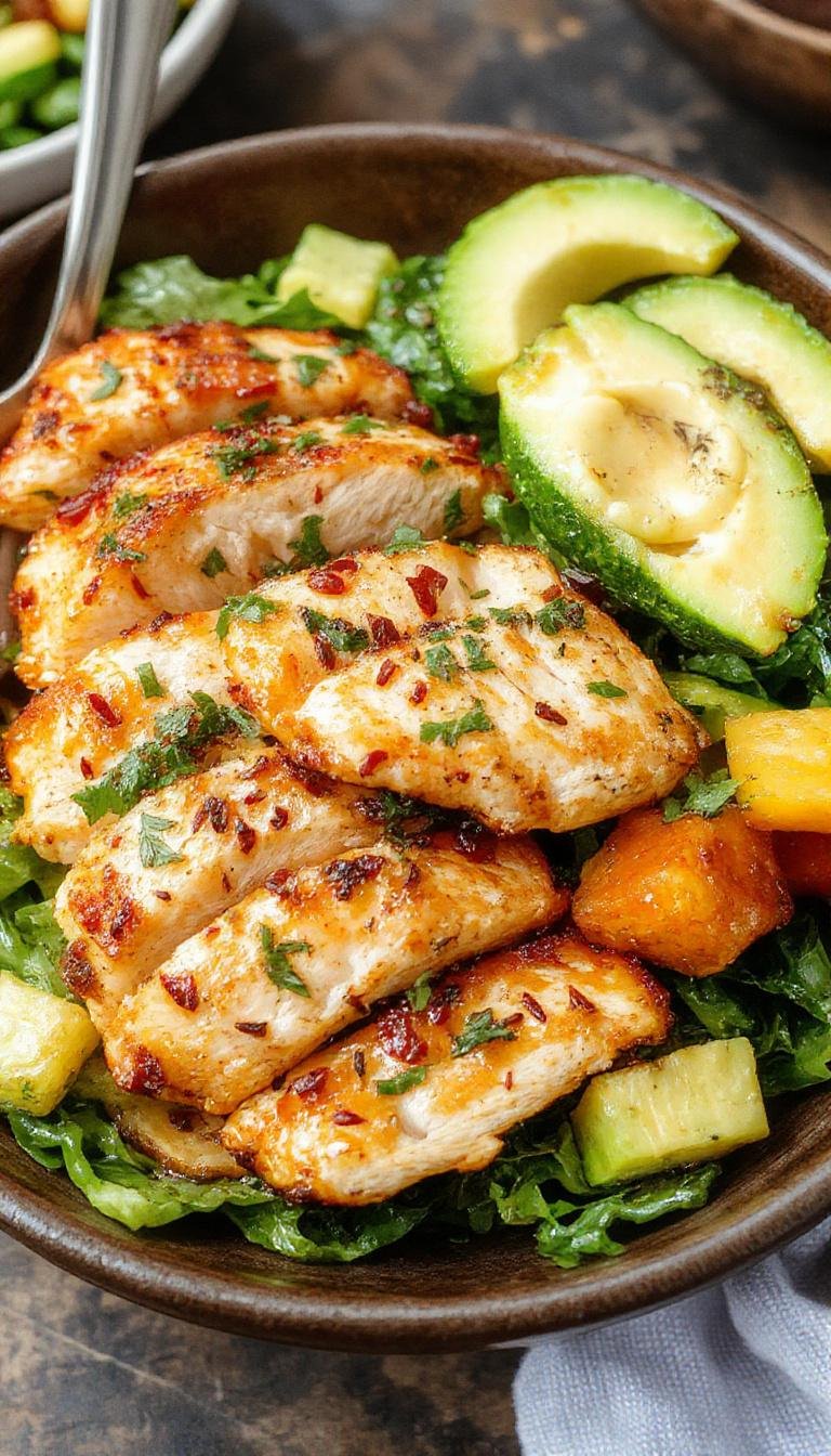 A vibrant Mediterranean chicken bowl featuring grilled chicken slices, colorful vegetables, hummus, and fresh herbs arranged beautifully in a bowl.
