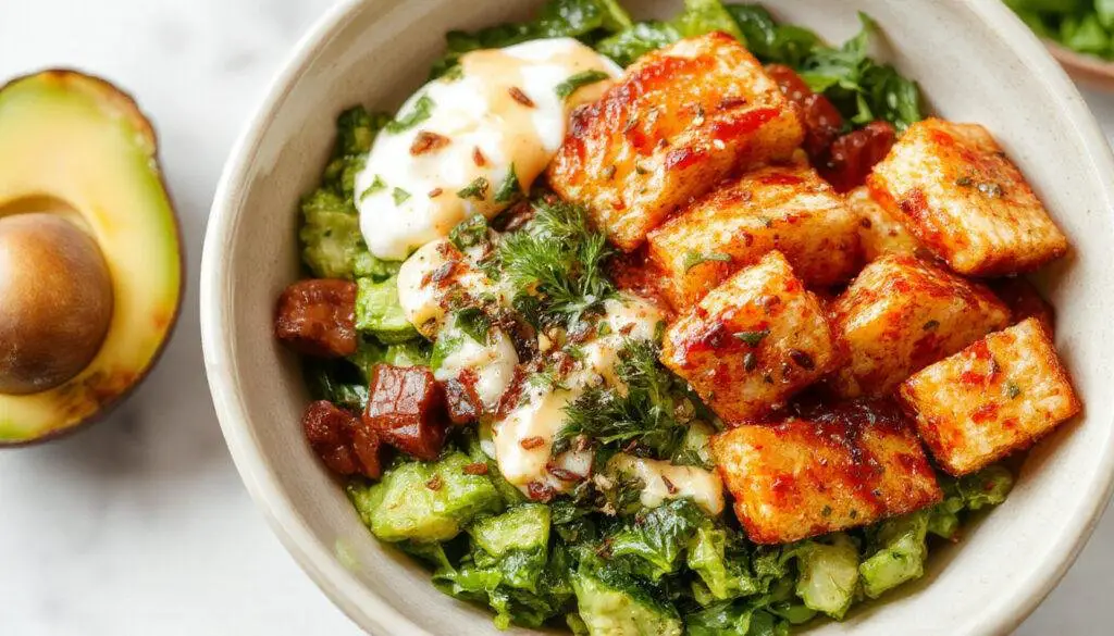 A vibrant bowl filled with an assortment of colorful ingredients including leafy greens, roasted vegetables, grains, and a drizzle of creamy tahini yogurt dressing on top. The bowl is styled with fresh herbs and sliced vegetables arranged artfully on a rustic wooden table.