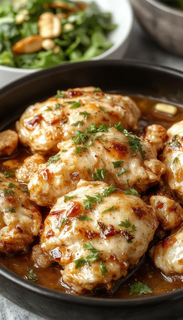 A close-up of succulent chicken thighs glazed with a glossy peanut sauce, garnished with chopped peanuts and fresh herbs, served on a white plate with vibrant vegetables in the background.