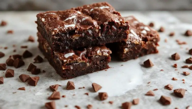 A close-up of a slice of rich, fudgy Greek yogurt brownie on a white plate, topped with a light dusting of cocoa powder and a few fresh berries, showcasing its moist, dense texture and glossy surface, with swirls of yogurt visible inside.