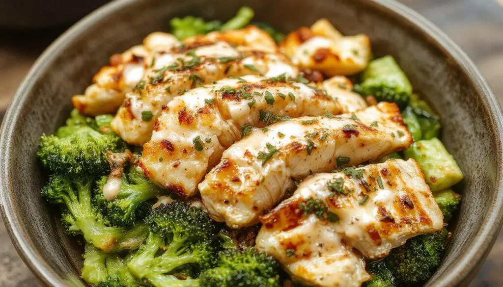 A vibrant bowl featuring sliced grilled chicken breast with golden grill marks, fresh green broccoli florets, and a drizzle of creamy white garlic sauce on top. The dish is served in a rustic white ceramic bowl with a background of chopped herbs and lemon wedges, showcasing a colorful and appetizing presentation.