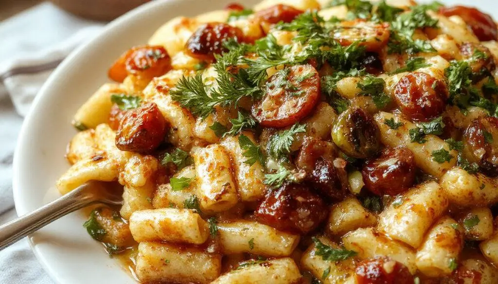 A vibrant baked pasta dish featuring an assortment of roasted vegetables such as bell peppers, zucchini, and cherry tomatoes, layered beneath golden melted cheese. The pasta is cooked to perfection, with slightly crisp edges, and garnished with fresh herbs. The dish is served in a rustic ceramic baking dish, emitting a warm and inviting glow, with steam rising indicating it's hot and freshly baked.