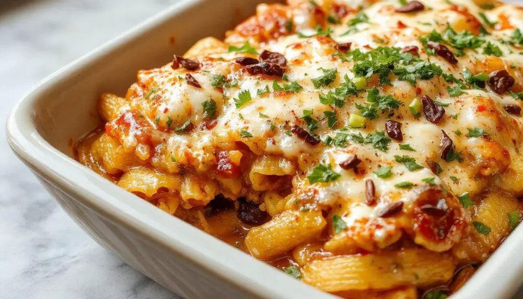 A close-up of a baked pasta dish in a white ceramic casserole dish, topped with melted cheese, fresh chopped cilantro, and sliced jalapenos. The pasta is visibly coated in a vibrant tomato sauce with colorful diced vegetables and crumbled vegetarian meat substitute. The dish is garnished with lime wedges on the side, and the golden-brown crust indicates a perfectly baked bake with bubbling edges.